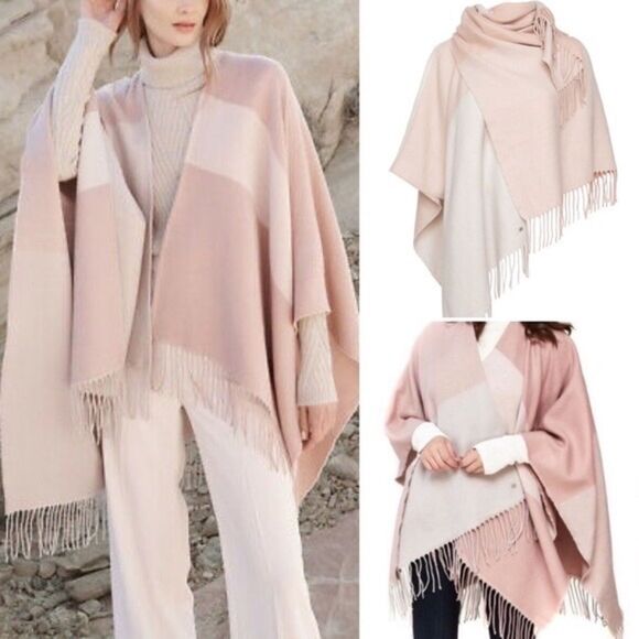 Soia & Kyo Mirel Woven Scarfigan Pink Beige Colorblock Fringe One Size Cozy Warm - Picture 12 of 13